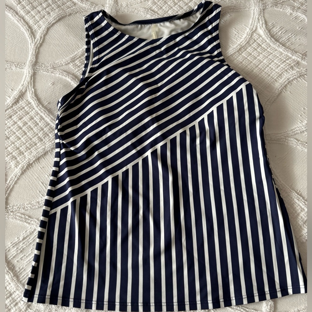 LANDS’ END Navy & White Striped Swim Top